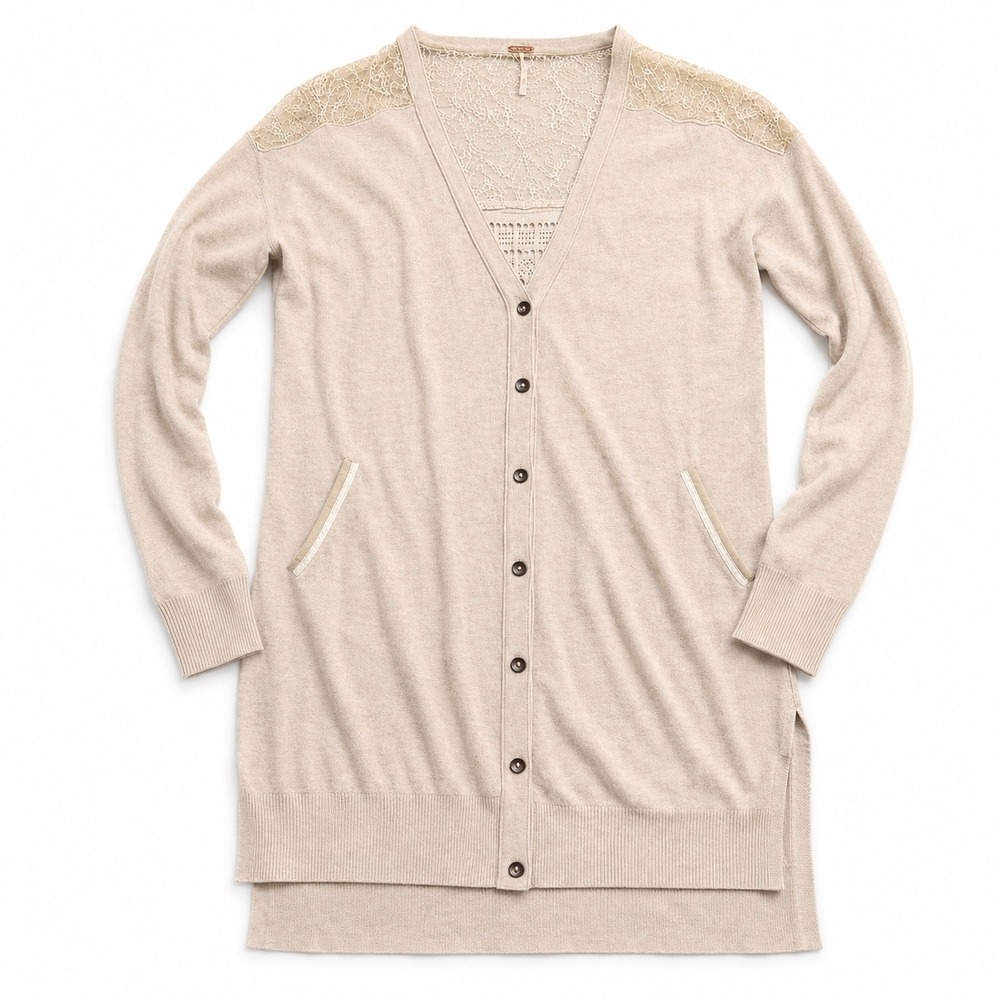 Free People Lace Back Longline Cardigan Oatmeal‎ Beige Button Front Small